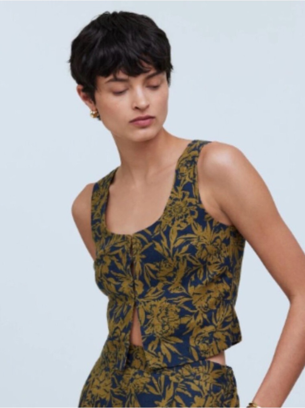 Madewell Navy & Green Floral Hook-front Shell Top